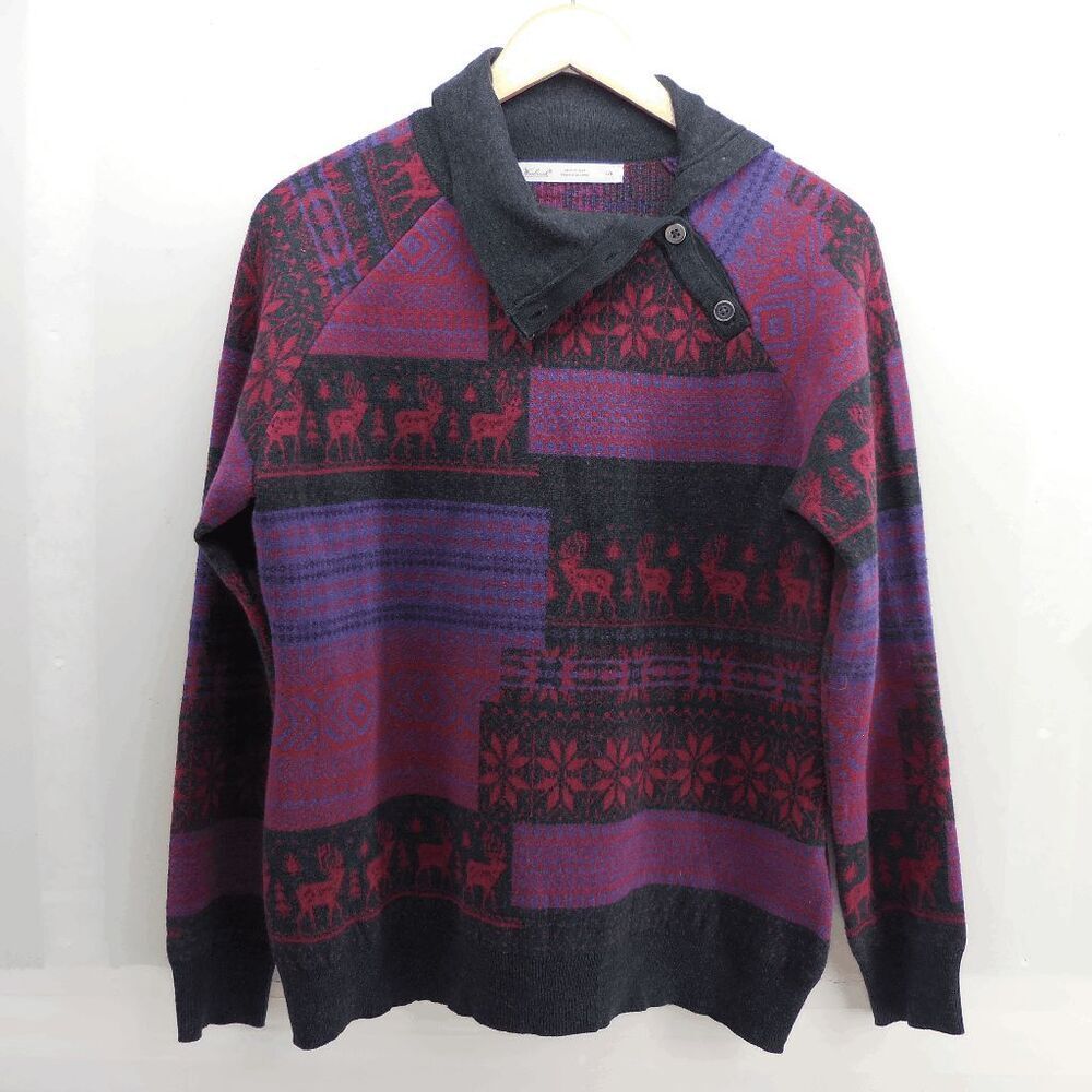 Woolrich Womens Large Sweater Reindeer Snowflakes Geometric Designs EUC
